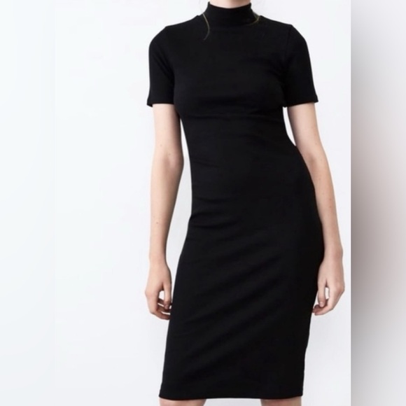 Zara Black Ribbed Midi Mock Turtleneck short sleeve dress - Picture 1 of 5